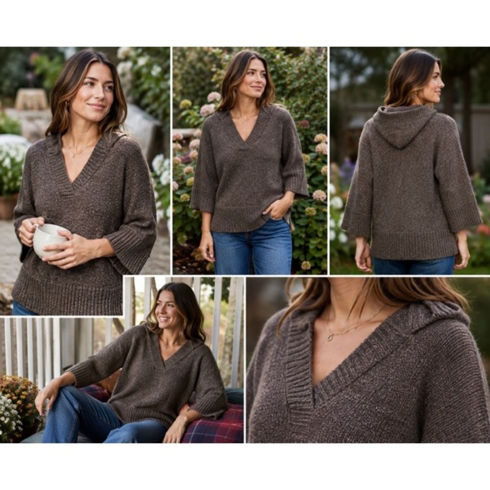 Kenji Womens Brown Wool Blend Hooded V-Neck Sweater Wide Bell Sleeve Knit M